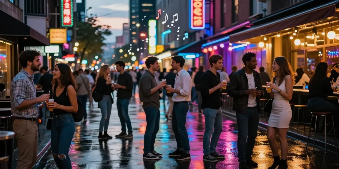 Vibrant urban nightlife showcasing popular 유흥사이트 and entertainment venues, lively social scene under neon lights.