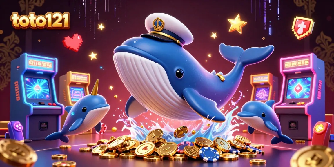 Experience the thrills of toto121 with a vibrant 3D casino illustration featuring a whale and dolphins.