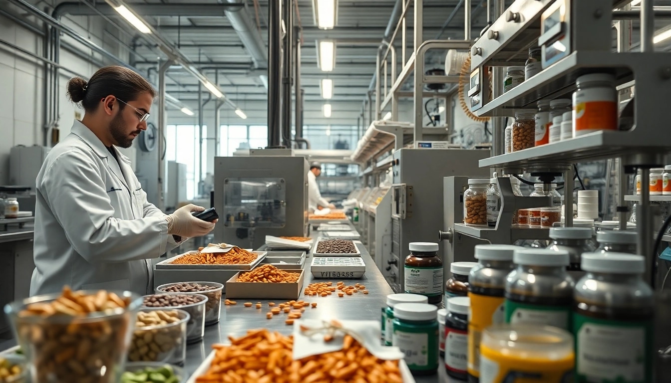 High-quality supplement manufacturer showcasing machinery and quality control in a production facility.