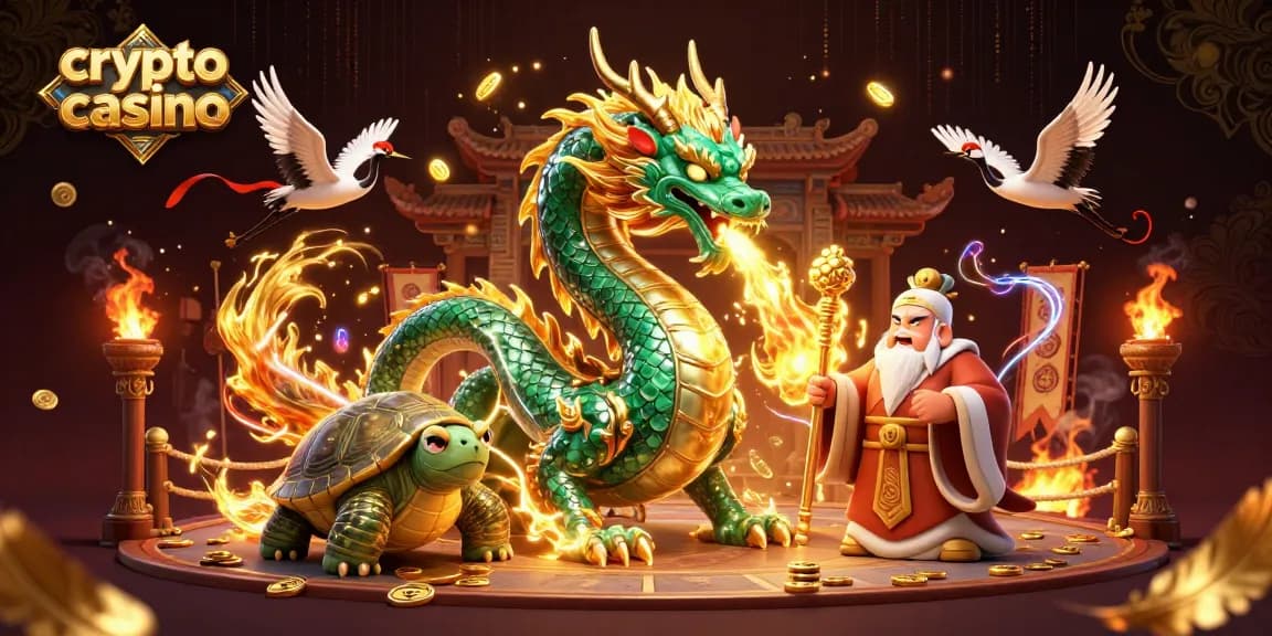 Giocatori che esplorano un crypto casino attraverso un drago e un saggio, circondati da simboli di fortuna.
