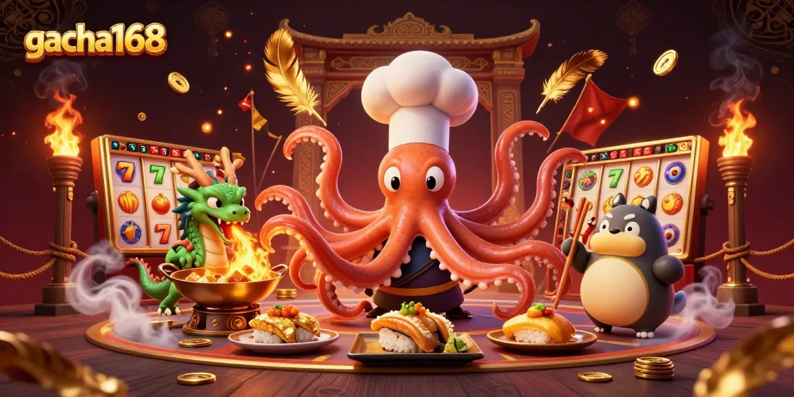 Engage with gacha168 in an ultra-detailed casino scene featuring slot reels and mythical characters.