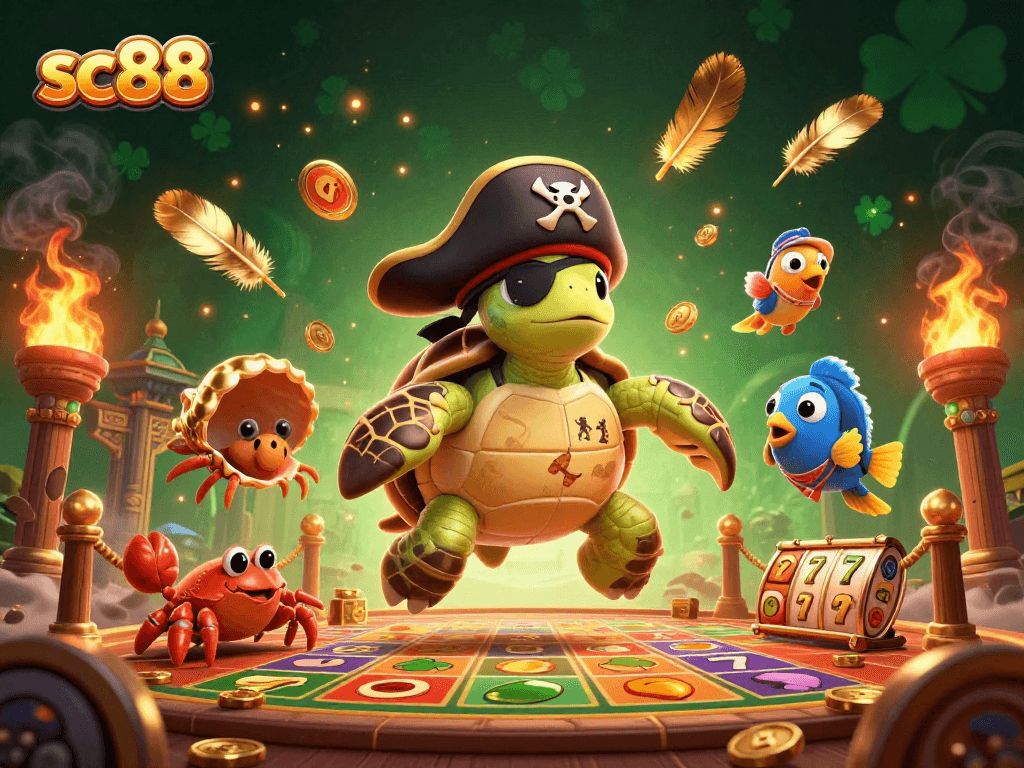 Join the fun at sc88 with a vibrant 3D pirate turtle and friends celebrating slot wins amidst treasure.