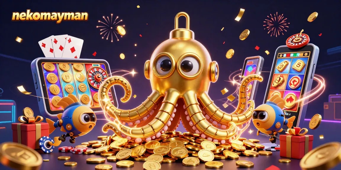 Neko May Man slot game scene featuring a golden kraken submarine and lively gameplay elements