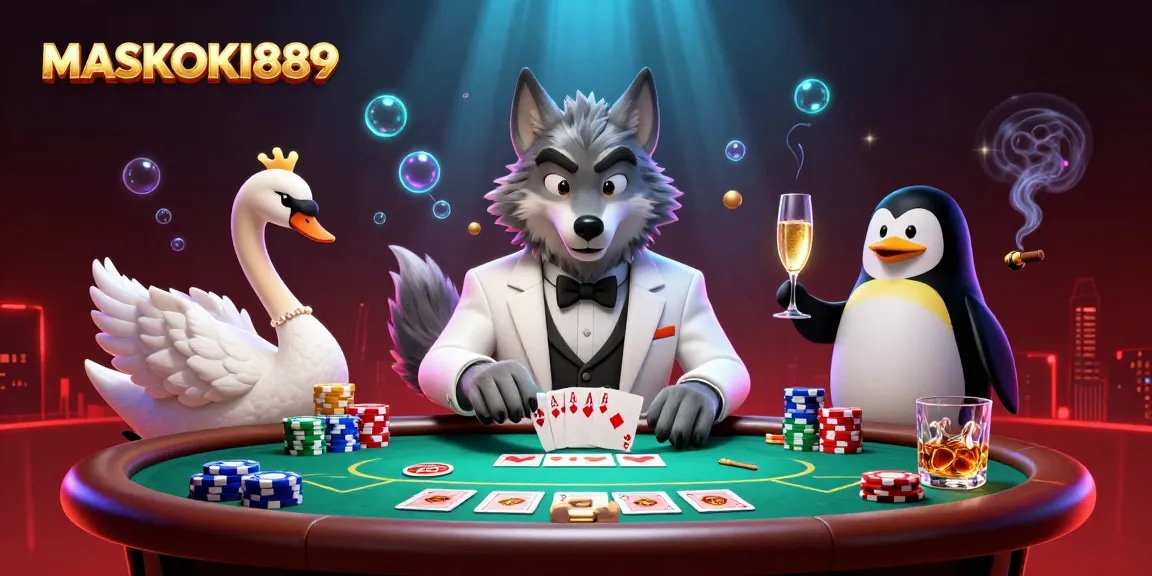 Experience winning excitement at MASKOKI889 with elegant characters at a dynamic baccarat table.