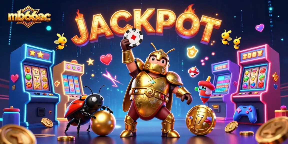 mb66ac showcases a victorious hercules beetle lifting a poker chip in a lively casino scene with slot symbols.