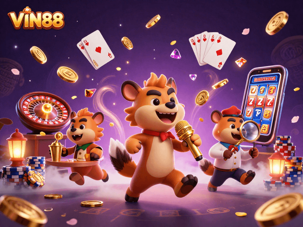 Experience the excitement at VIN88 with lively hyenas in a vibrant casino scene, featuring games and laughter.