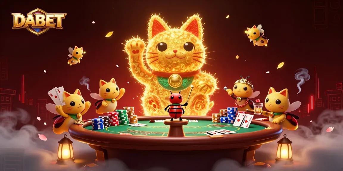 DABET showcases a vibrant casino scene with golden fireflies as a lucky cat amidst poker elements.