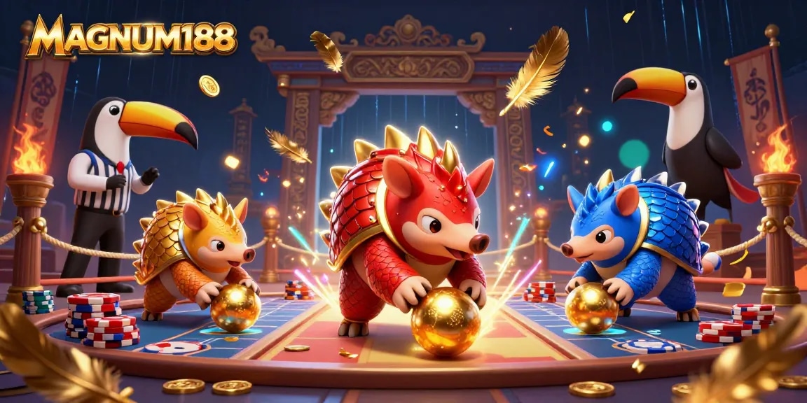 Watch MAGNUM188 pangolins battle in a dynamic casino scene with golden poker chips and vibrant atmosphere.