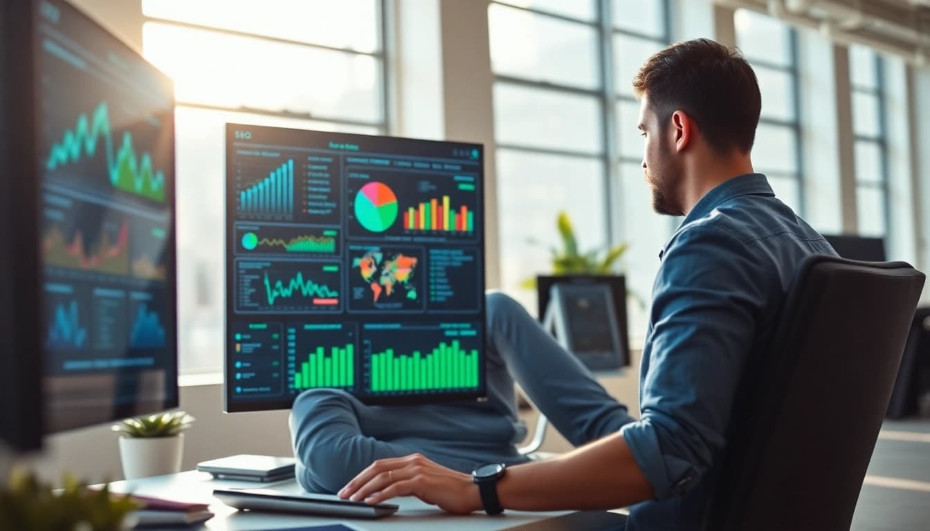 SEO expert analyzing data in a modern office setting with screens displaying charts.