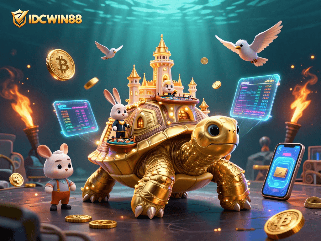 Experience the excitement of IDCWIN88 with a golden tortoise casino illustration featuring engaging characters and dynamic elements.