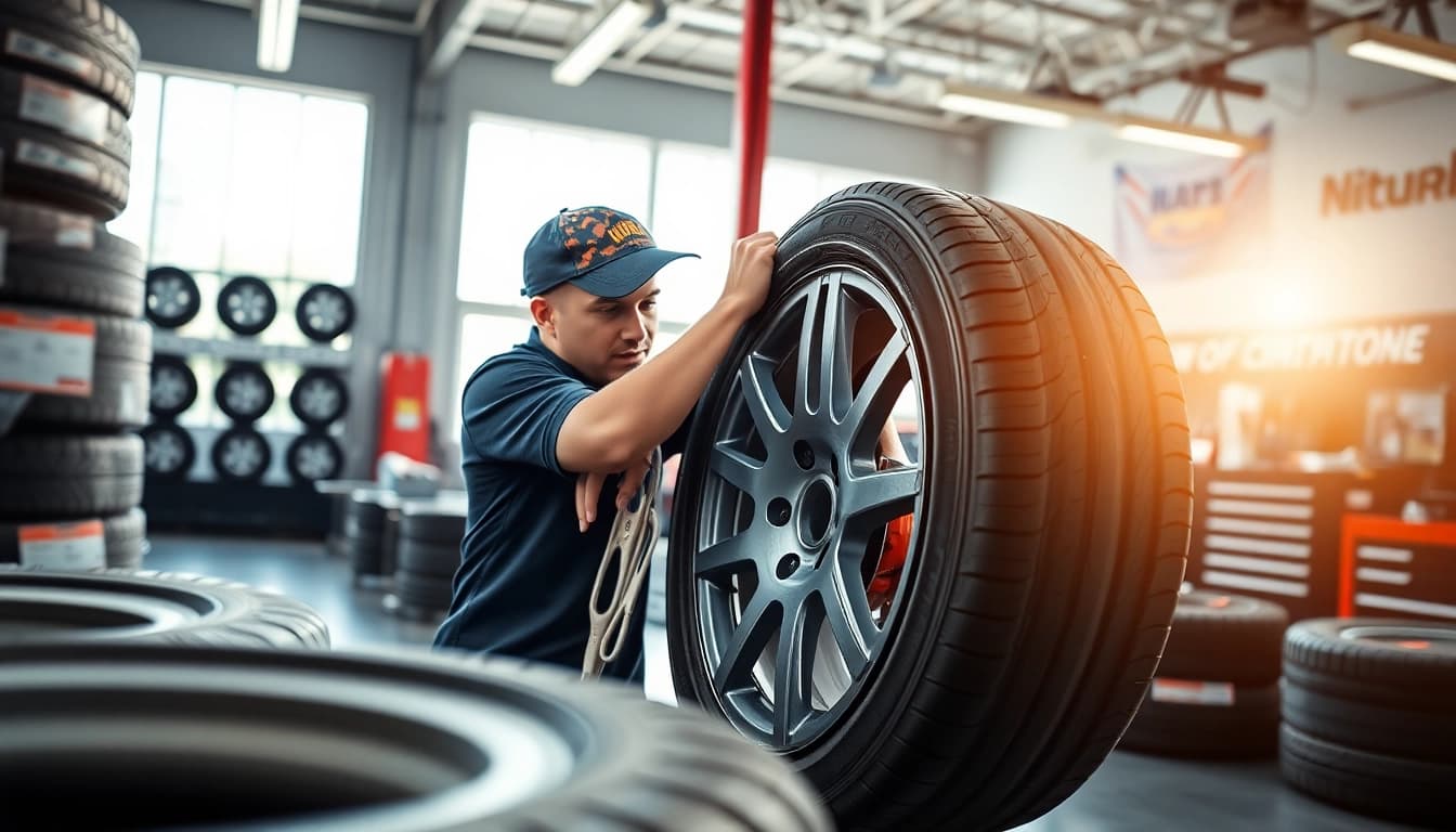 Showcase tire installation services with a technician carefully fitting a tire, emphasizing quality and professionalism.