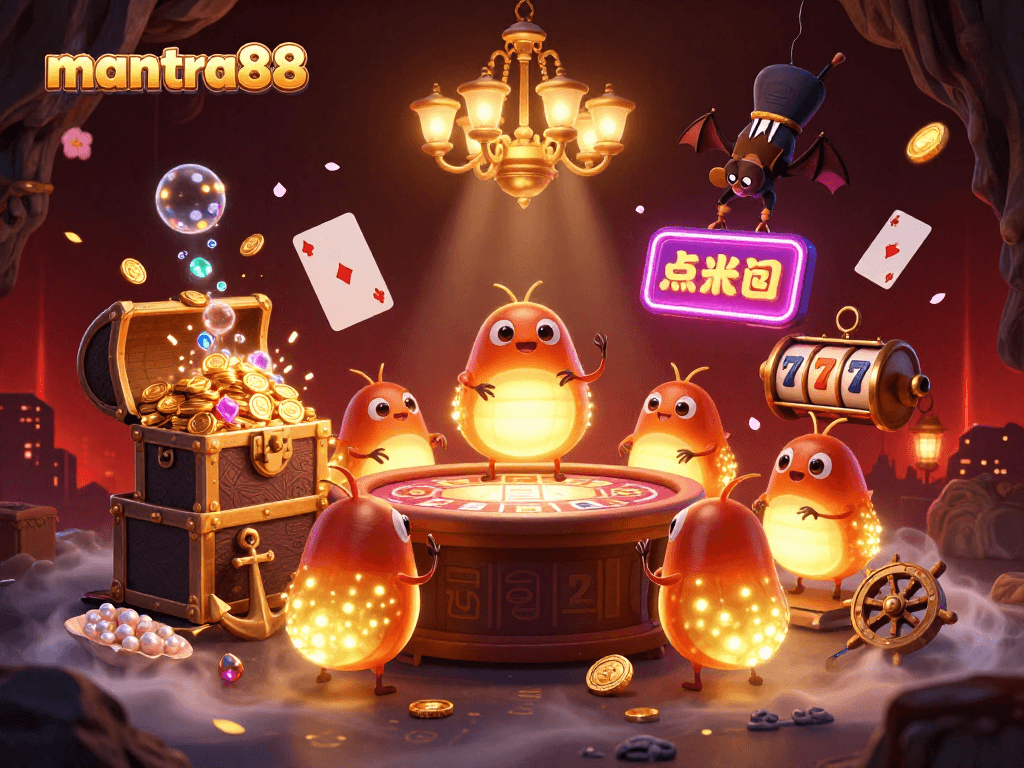 Engage with mantra88's vibrant cave casino illuminated by glowworms and a bat dealer.