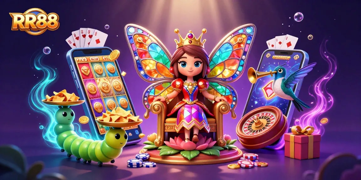 Engage with RR88's vibrant online casino experience featuring dazzling characters and gaming elements.