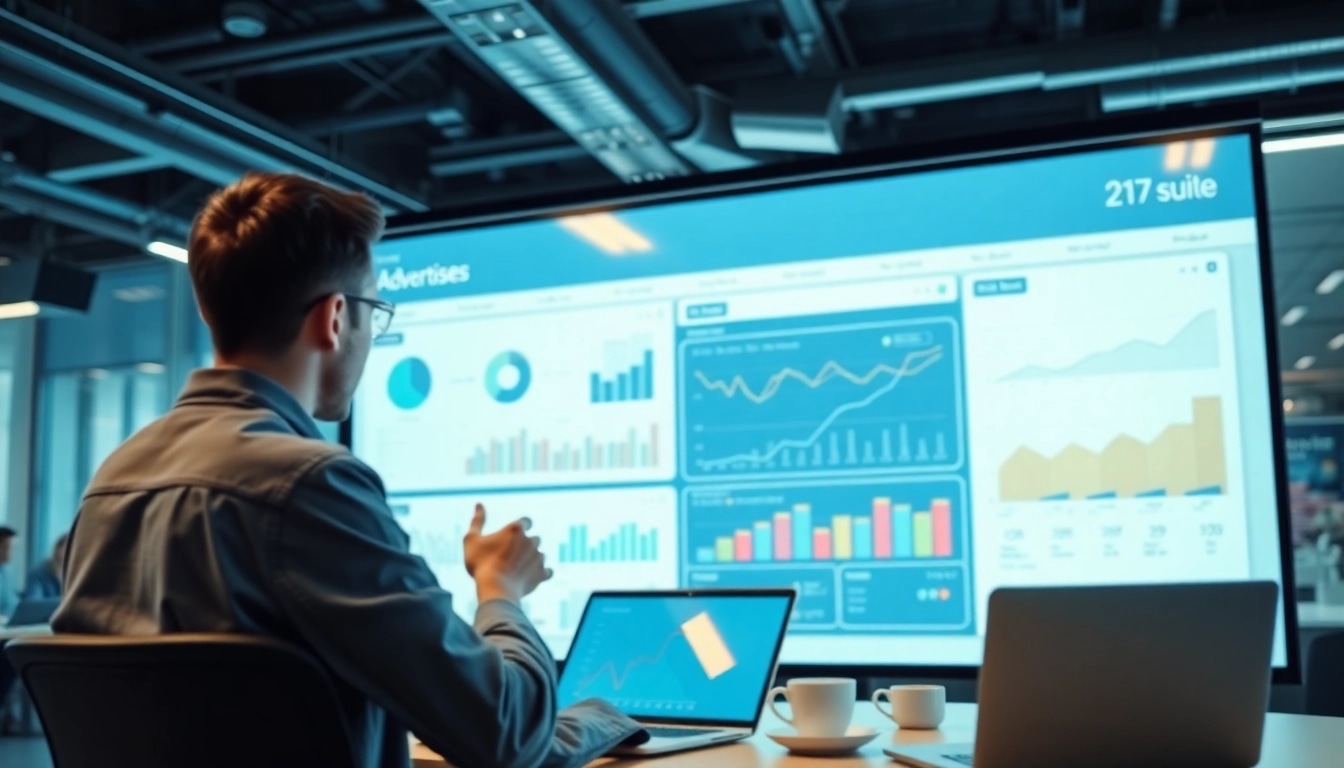 Interact with Rontar advertising suite analytics dashboard in a modern office setting.