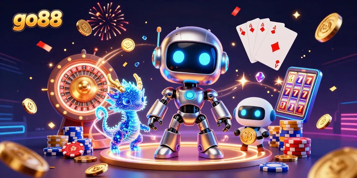 Experience the excitement of winning at go88 with a vibrant 3D casino scene showcasing dynamic characters and classic games.