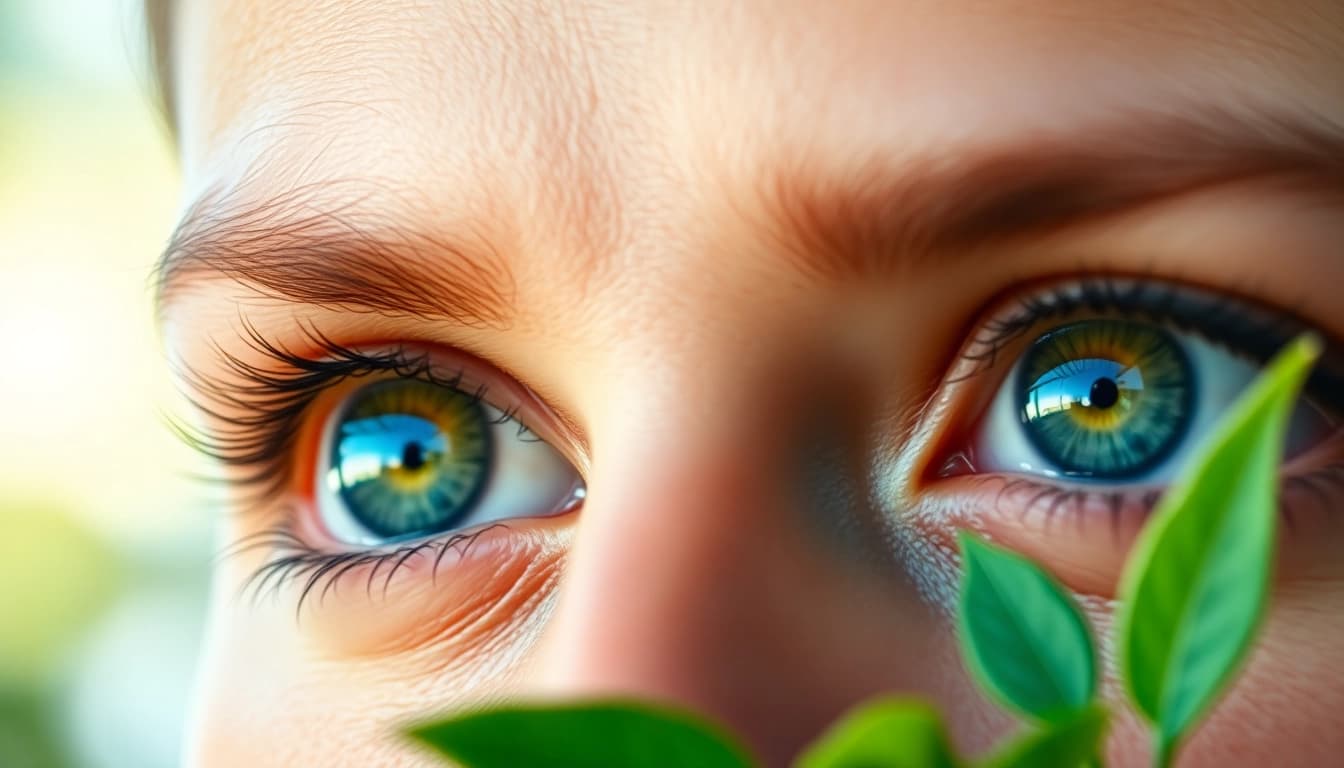 A vibrant close-up of eyes highlighting astaxanthin benefits for eyes with a natural setting.