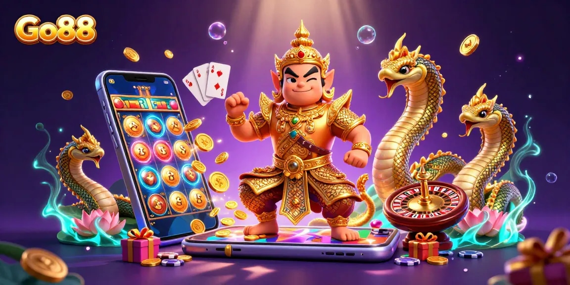Engage with Go88 in this vibrant casino scene filled with interactive games, slots, and lively guardians.