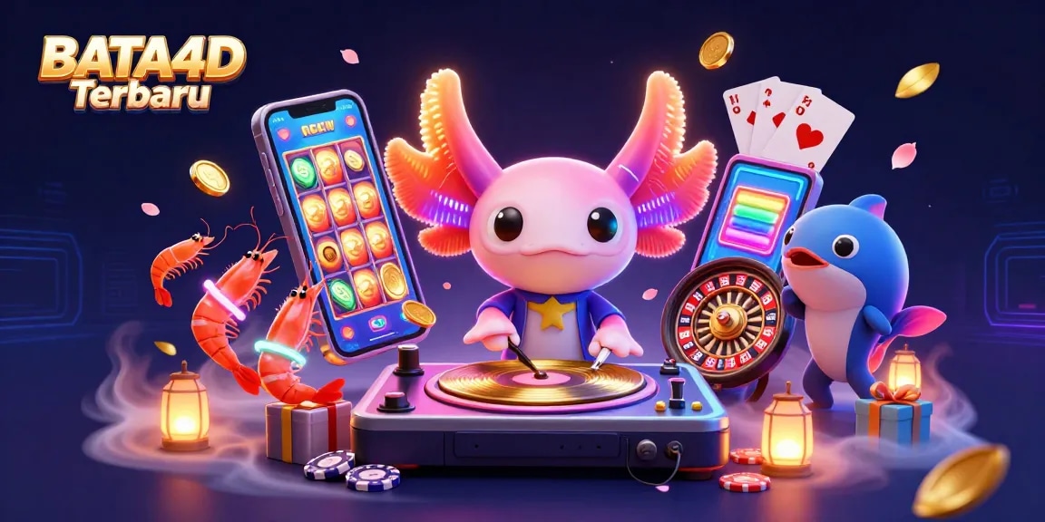 BATA4D Terbaru features an energetic scene with a neon DJ, dancing shrimp, and a beatboxing blowfish, celebrating online gaming.