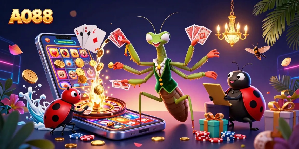 Experience excitement at AO88 with a giant praying mantis dealer and a ladybug pit boss in a vibrant casino scene.