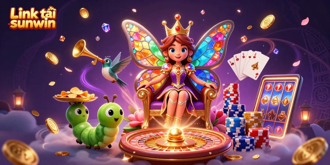 Engage in the excitement with Link tải sunwin showcasing a vibrant casino scene filled with dazzling characters and gaming elements.