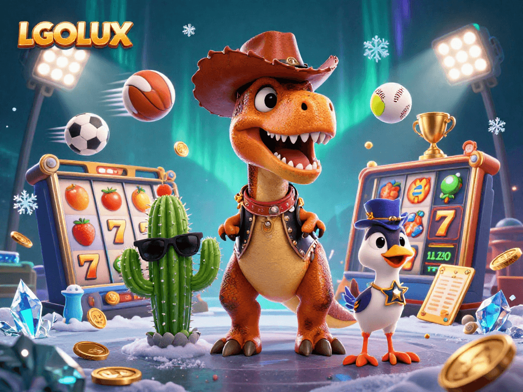 A 3D cartoon cowboy dinosaur and friends enjoying a lively slot game at LGOLUX.