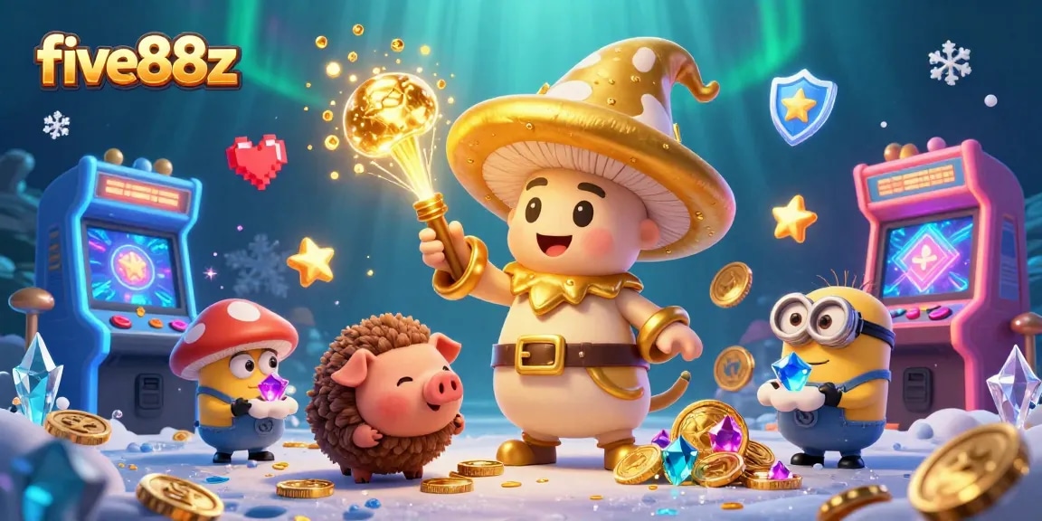 Experience the magic of five88z as a golden mushroom wizard channels treasure among vibrant gaming elements.