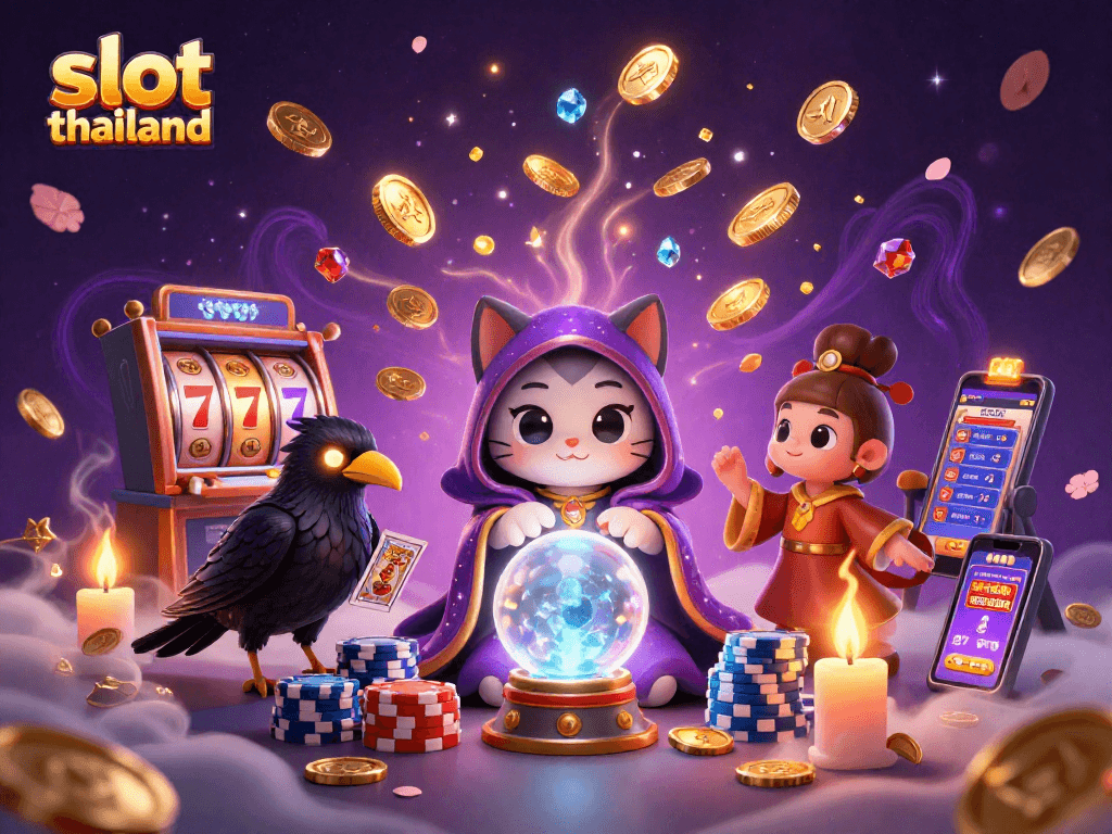 Engaging slot thailand scene featuring a mystic cat and raven amidst vibrant casino elements.