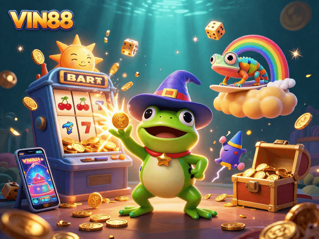 Experience the excitement of VIN88 with vibrant gaming elements and stunning 3D characters surrounding a jackpot.