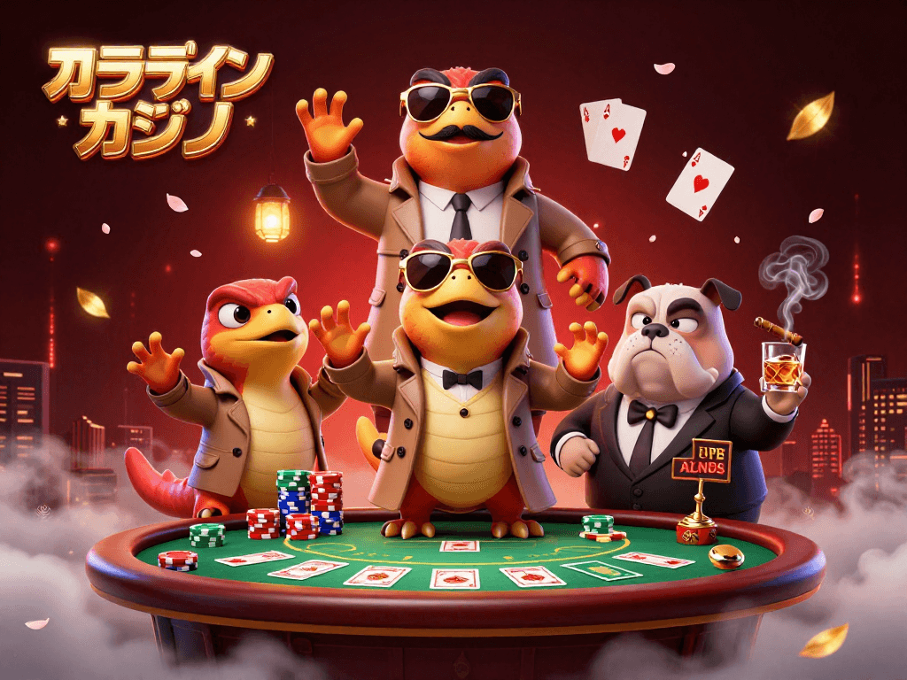 オンラインカジノでゲームを楽しむラプターたちが描かれたイラスト