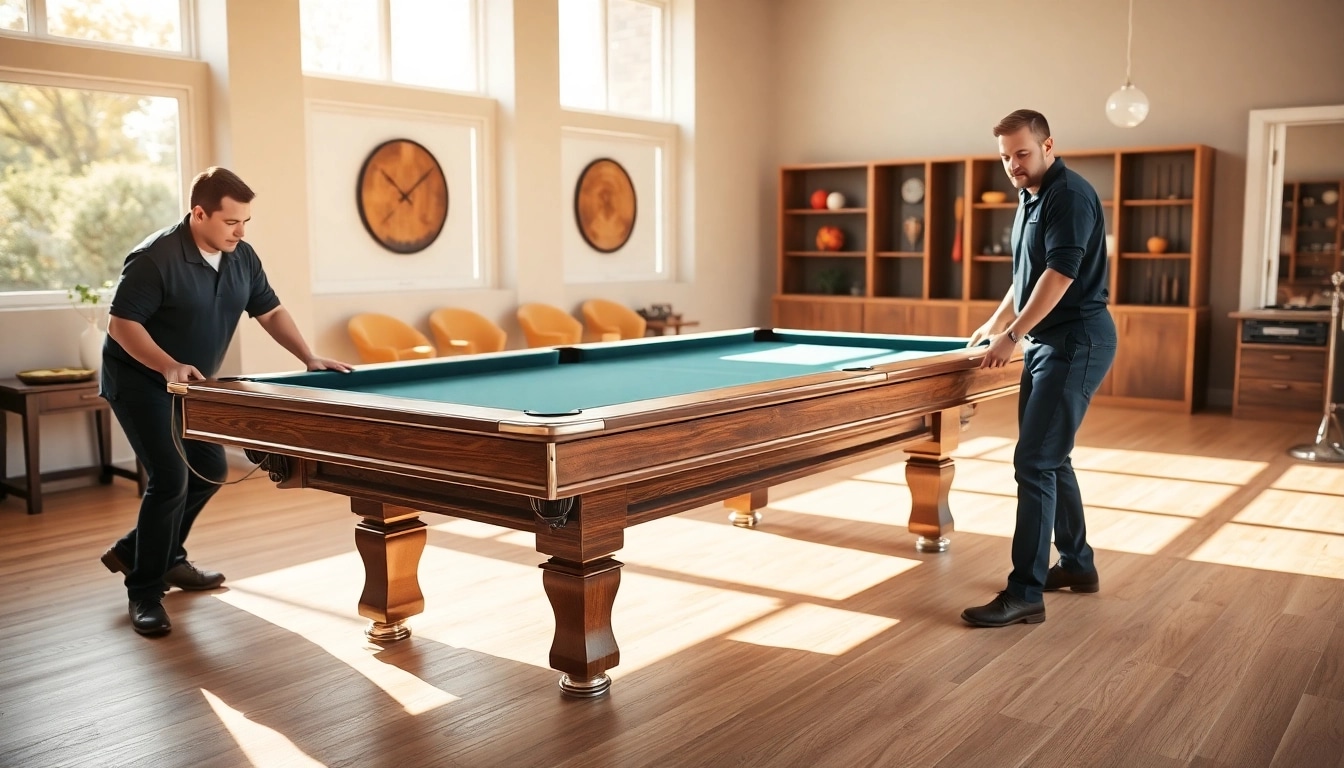 Expert movers handling dfw billiards table in a professional setting.