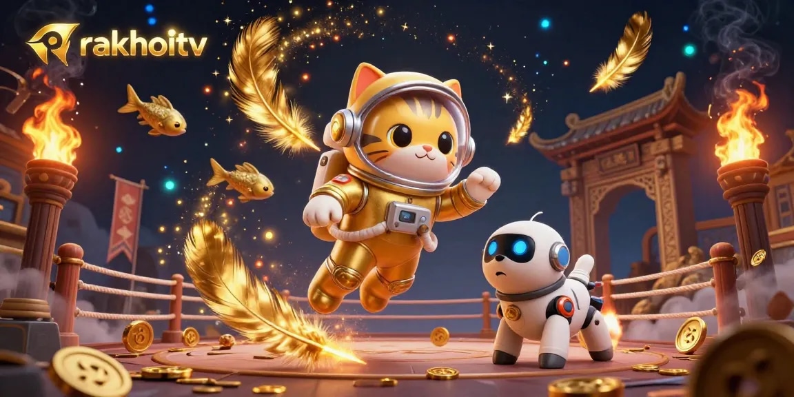 Experience rakhoitv's dynamic gaming universe with golden elements and vibrant characters.