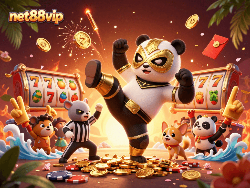 net88vip showcases a 3D panda wrestler amidst exciting casino elements, delivering dynamic fun in a vibrant illustration.