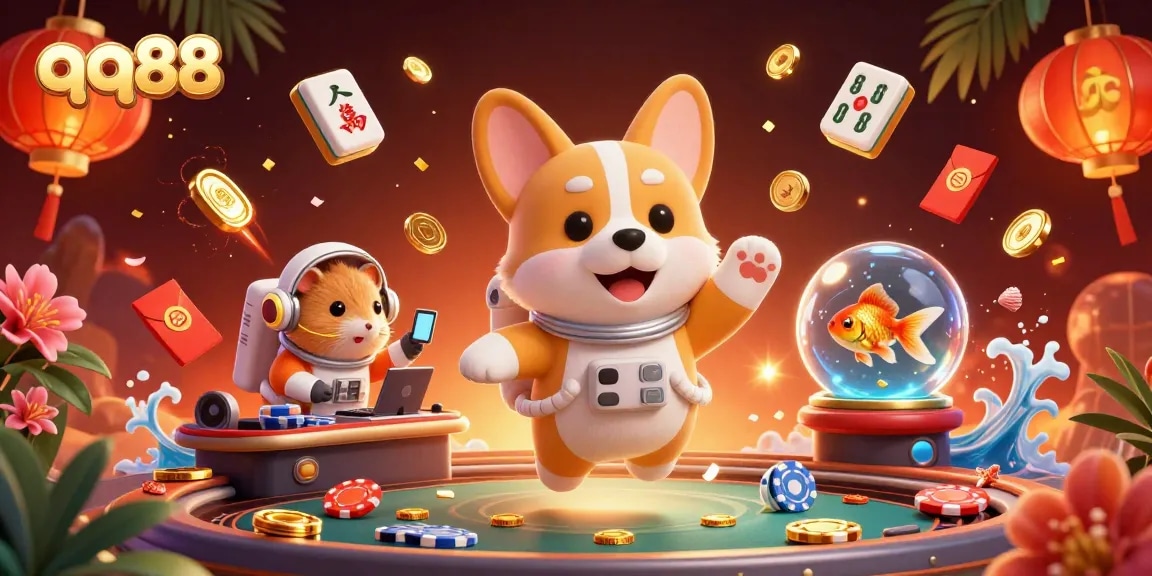 Engage with QQ88's unique space-themed casino experience featuring a floating corgi and vibrant casino elements.