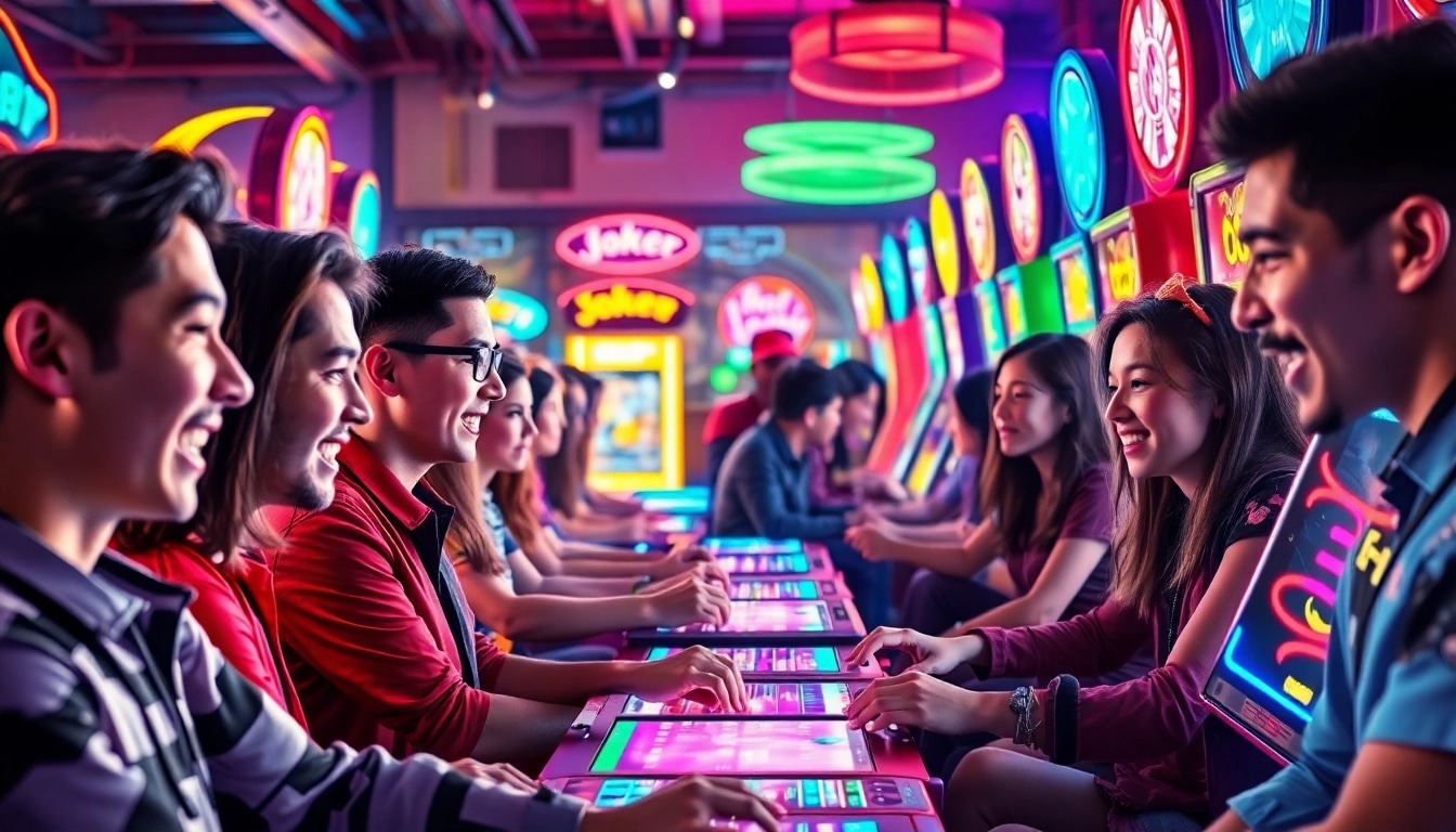 Experience the thrill of joker gaming with players engaged in various arcade games.