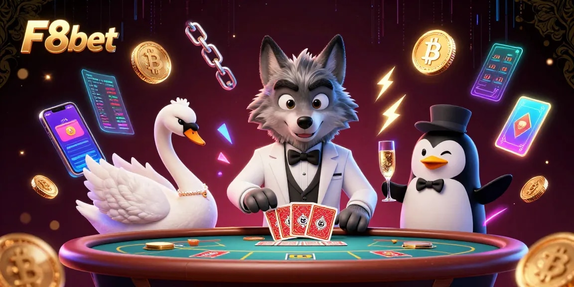 Join the excitement at F8bet with a thrilling 3D casino scene showcasing baccarat, cards, and crypto coins.