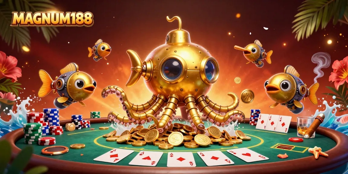 Enhance your betting strategy with MAGNUM188, featuring poker elements and golden kraken illustration.