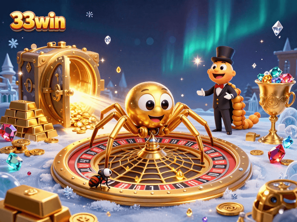Experience the thrill of 33win gaming as a nervous fly places bets in a vibrant casino world.