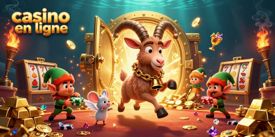 Découvrez le casino en ligne avec Krampus, souris ange et elfes malins dans une illustration festive.