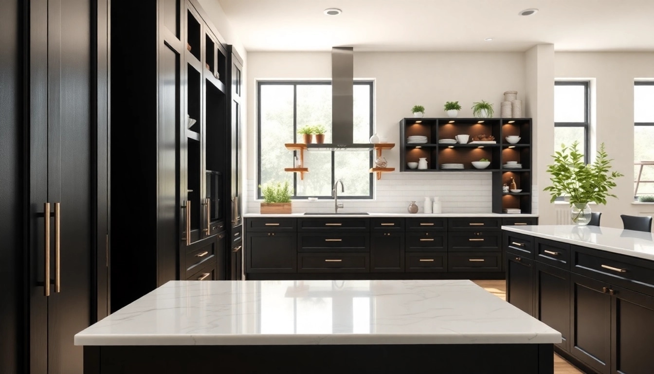 Stylish black kitchen cabinets enhance a modern kitchen's aesthetics and functionality.
