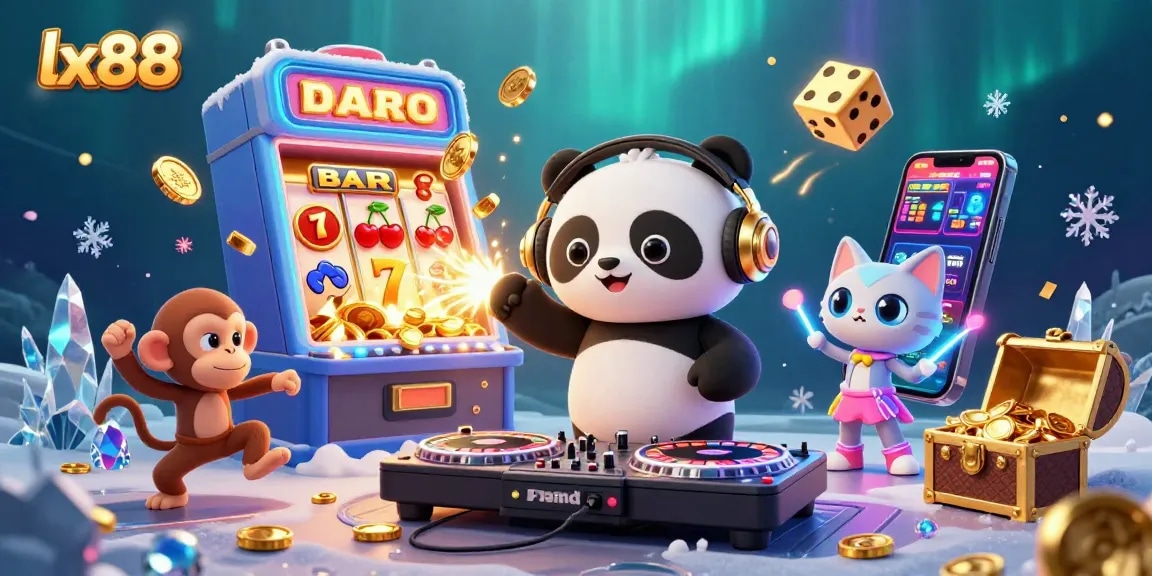 Experience the excitement of lx88 with a vibrant 3D casino scene featuring a DJ panda, dancing monkey, and glow-stick kitten.