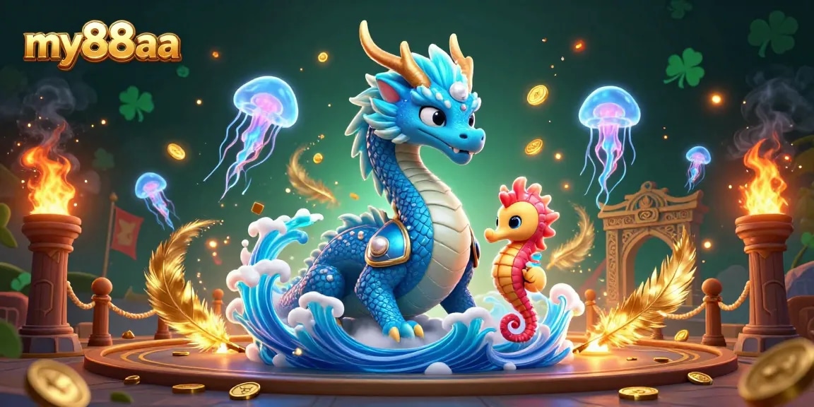 Experience immersive gaming at my88aa with a vibrant casino illustration featuring a dragon and seahorse.