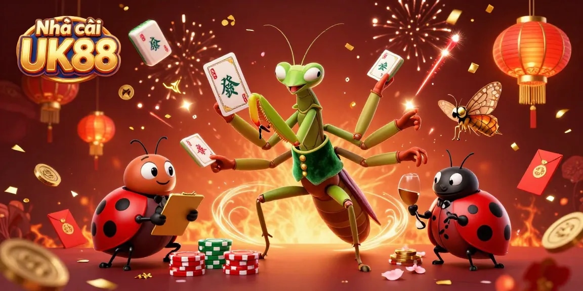 Exciting action at Nhà cái UK88 casino featuring a giant praying mantis card sharp in a dynamic scene.