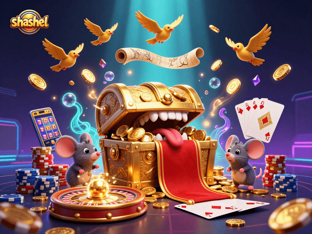 Experience gambling excitement with Shashel's enticing casino-themed 3D treasure scene.