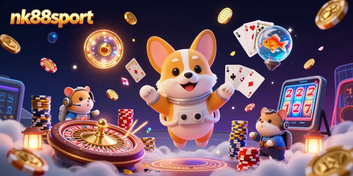 nk88sport showcases a vibrant casino scene with characters engaging in games and excitement.