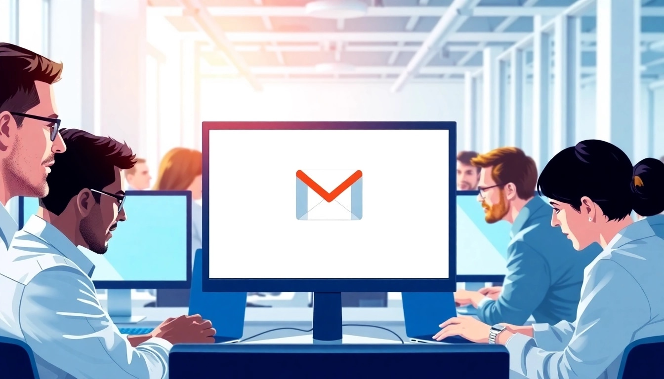 使用gmail下载的专业人士在现代办公室中进行沟通。
