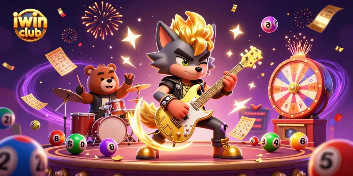 Engage with iwin club's thrilling gaming experience featuring a rock star wolf and a drummer bear.