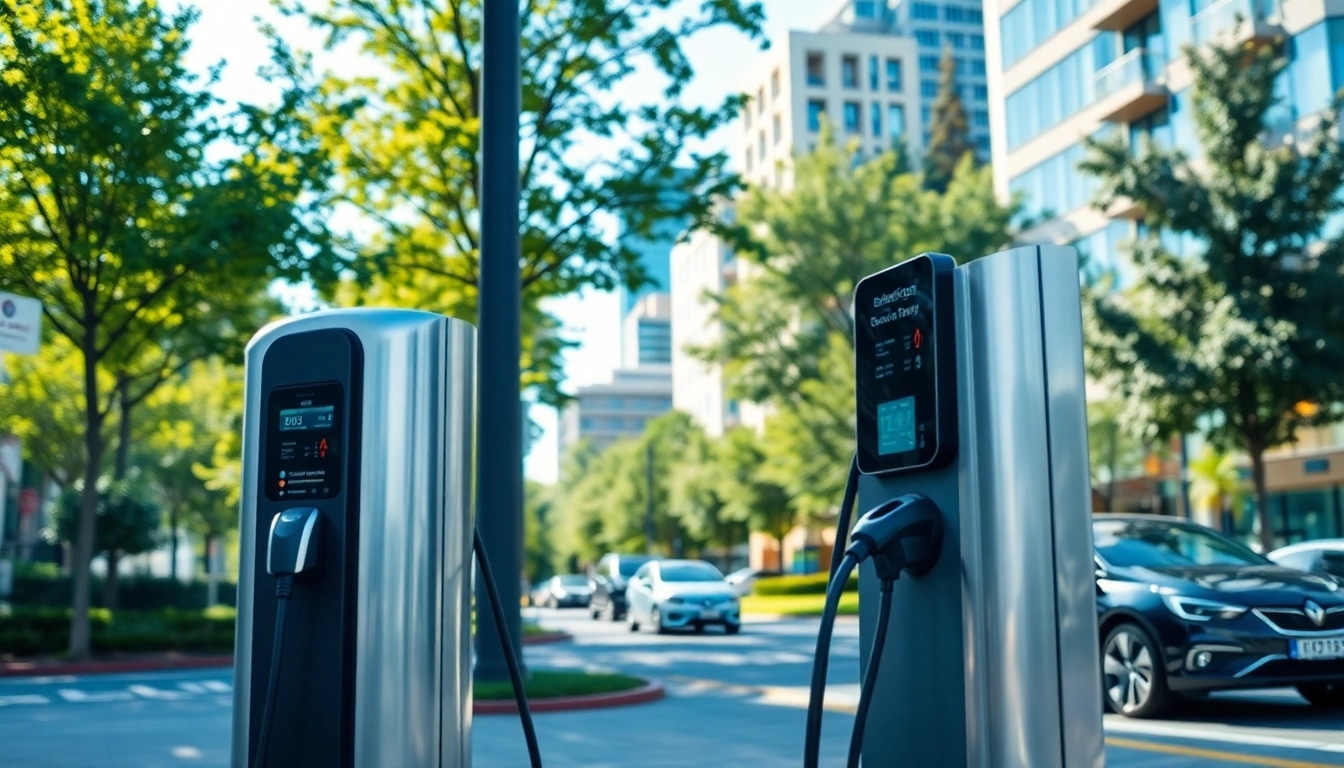 Staand laadpaal van 030laadpaal.nl in een moderne stedelijke omgeving met elektrische voertuigen.