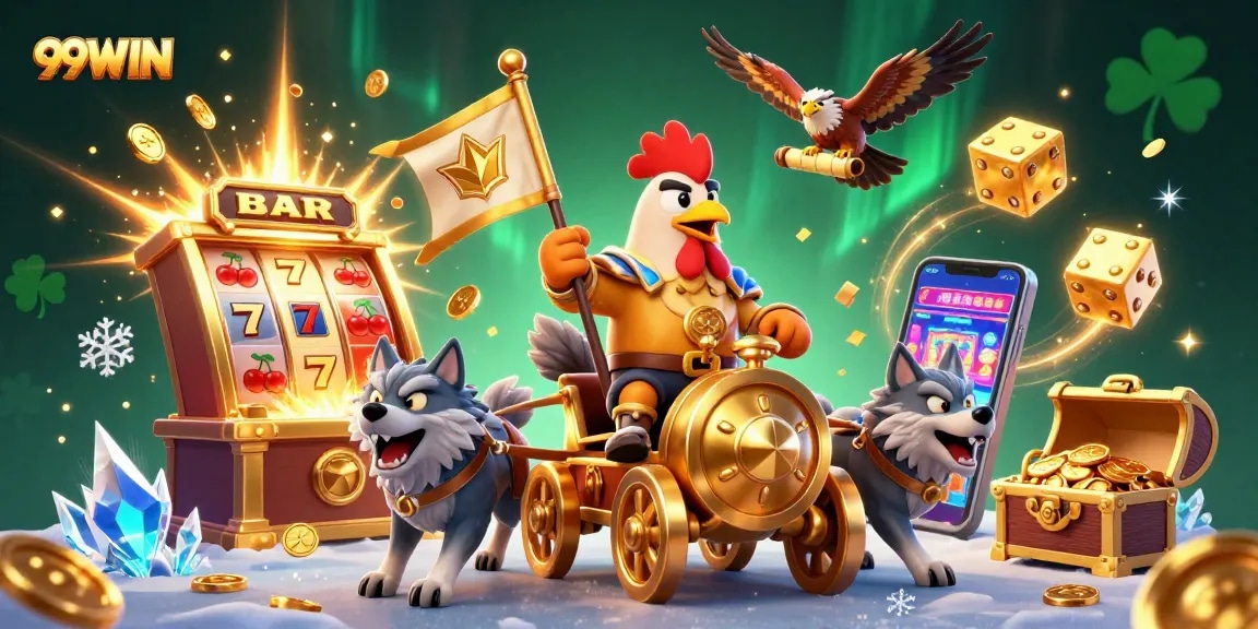 Experience thrilling wins at 99WIN with a vibrant 3D illustration of casino excitement.