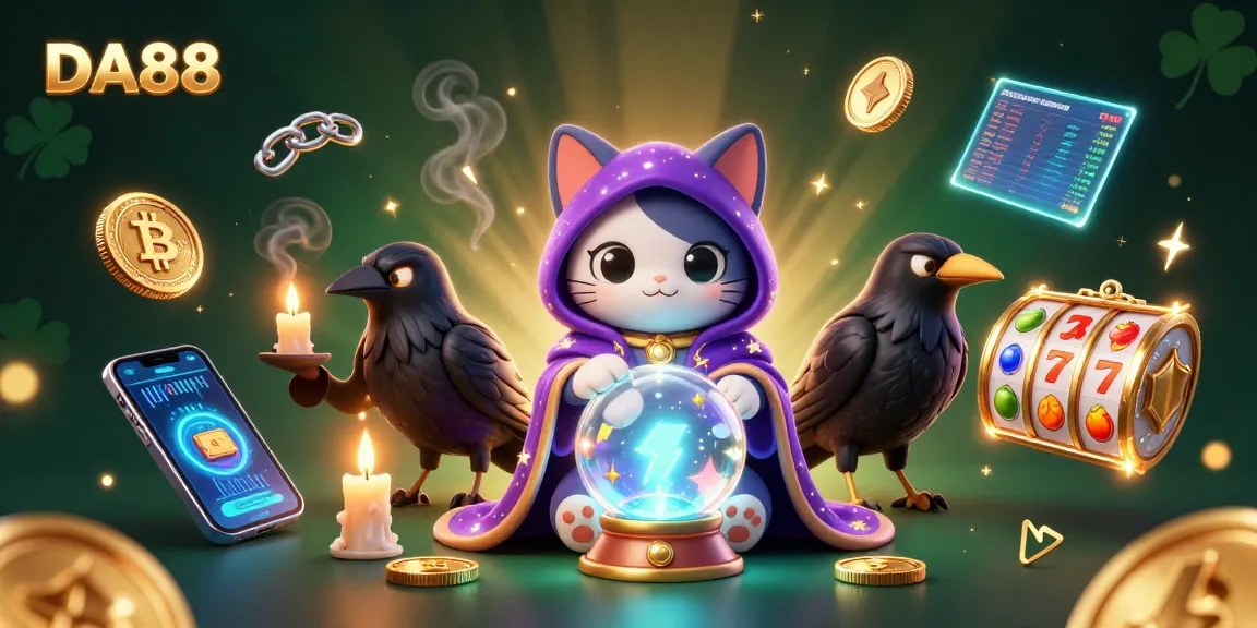 Experience thrilling wins at DA88 with a captivating casino scene featuring mystical characters and crypto elements.