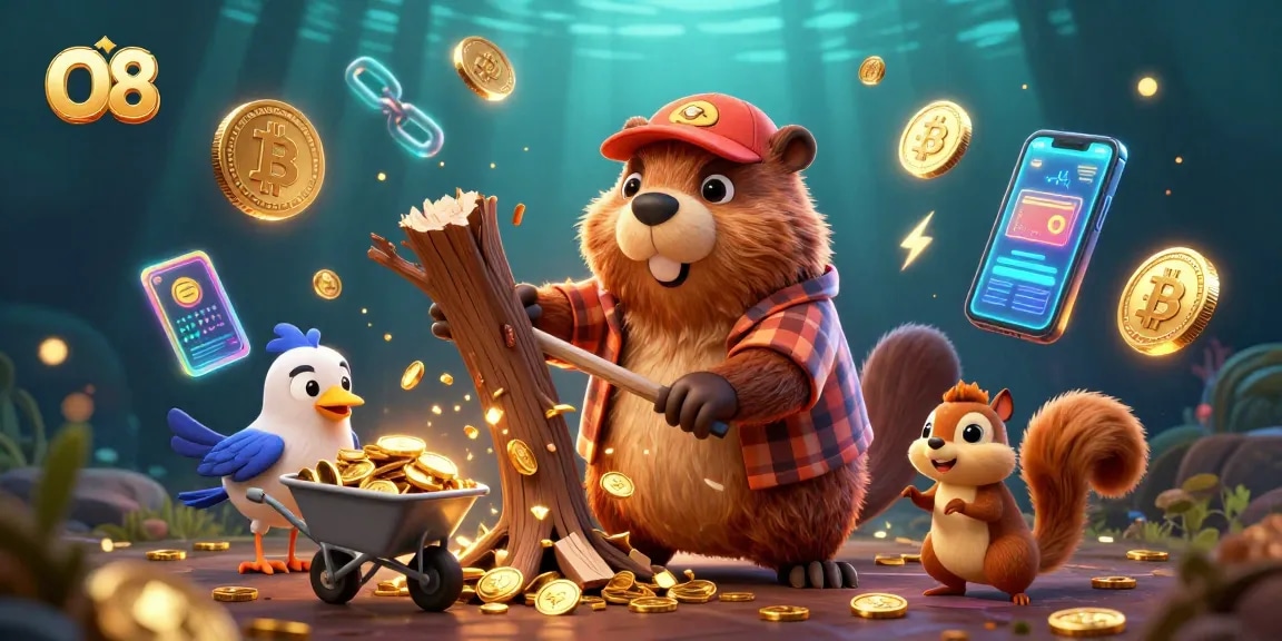 Join the excitement at O8, featuring a beaver collecting golden coins in a bustling casino!